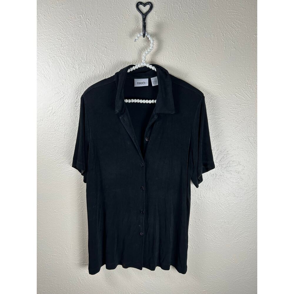 Chicos Travelers Size 2 US Large Top Button Front Black Shirt Slinky Stretch USA